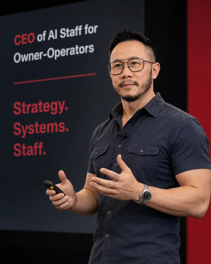 Alex Tran speaking about building governed AI staff for business leaders.