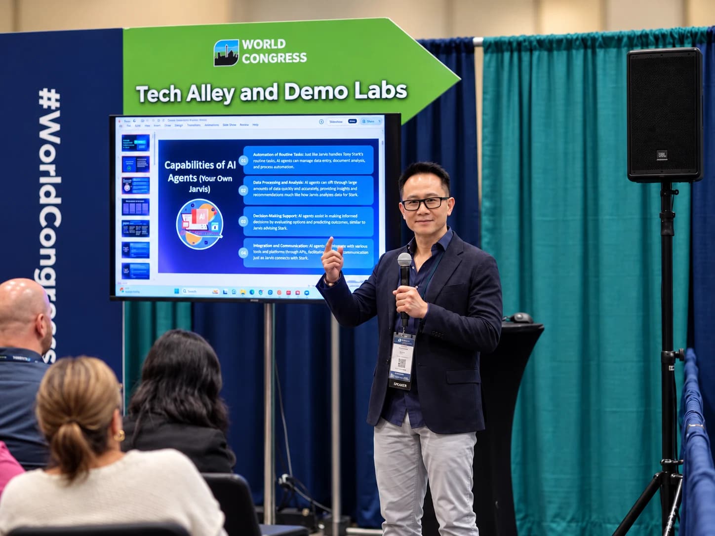 Alex Tran presenting at NCMA World Congress 2024, with an AI agents presentation and audience